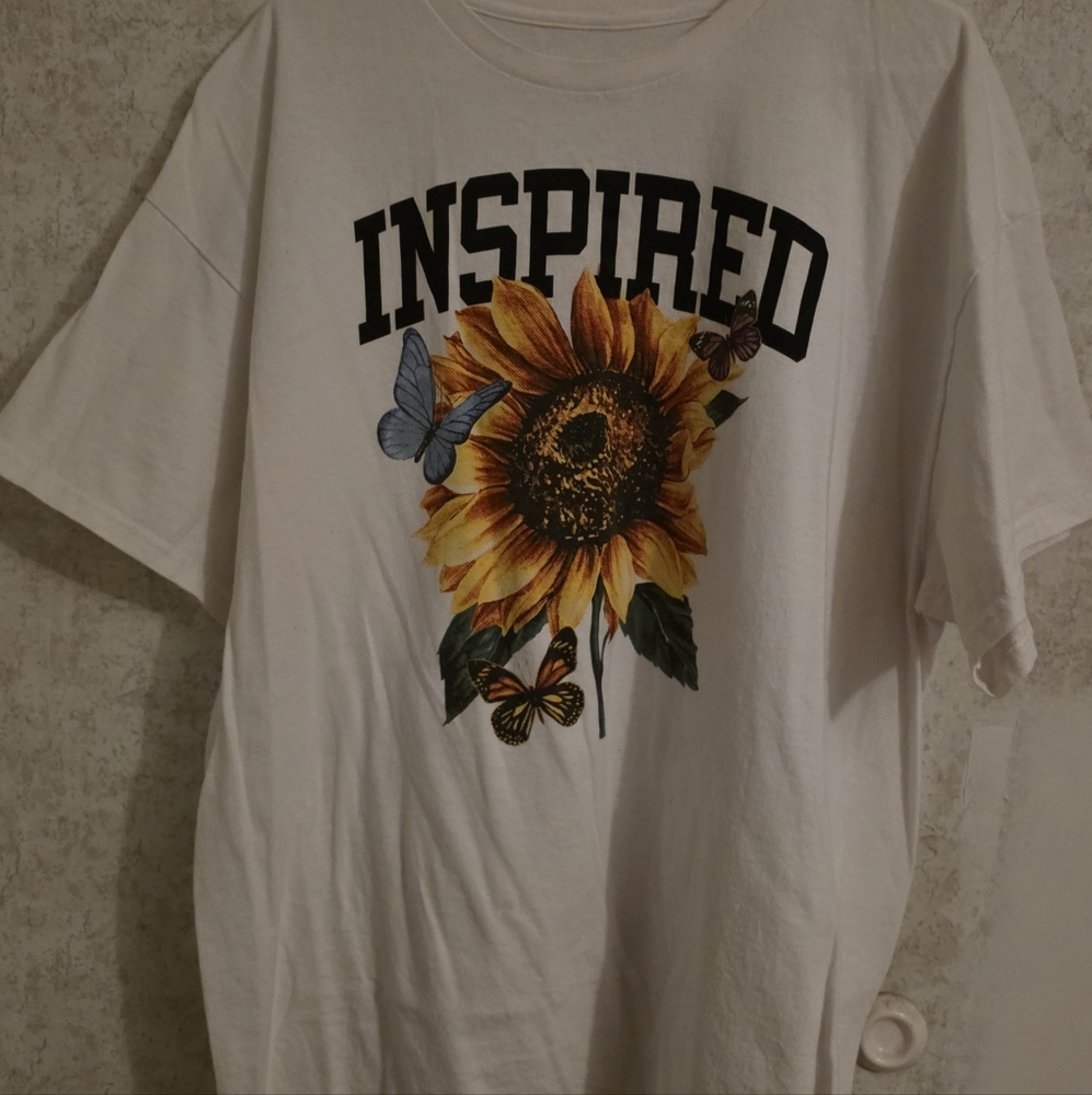 White T-Shirt with Sunflower and Butterfly Design